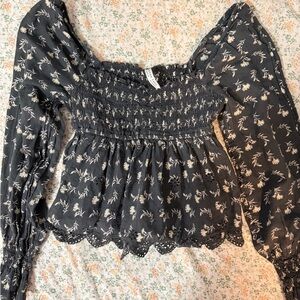 American Eagle Outfitters Black Floral Smocked Blouse